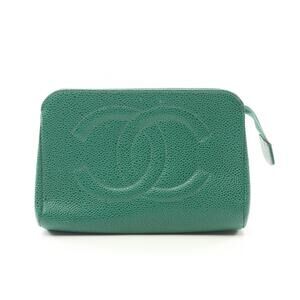 Chanel Deka Coco Mark Pouch Bag Green Leather